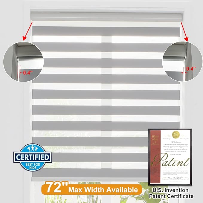 Persilux Cordless Zebra Blinds for Indoor Windows, Free-Stop Zebra Blinds Cordless, Light Filtering Sheer Shades Dual Layer for Day and Night, Zebra Roller Shades for Home (34.25" W X 47" H, Grey)