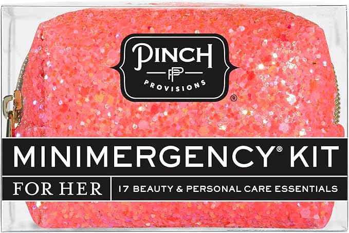Pinch Provisions Coral Glitter Minimergency Kit, includes 17 Travel-Sized Cosmetic Essentials, Convenient for Purses, Emergency Beauty Accessories, Gifts for Holiday’s & Birthday’s-BrightBean Baby