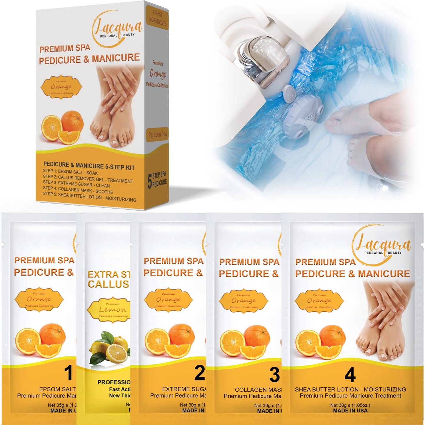 Epsom Salt Soak, Callus Remover Gel, Extreme Sugar Scrub, Collagen Mask & Shea Butter Lotion – Professional Spa Foot Care System 5 Step Luxury Pedicure Kit. Orange 03 Set-BrightBean Baby