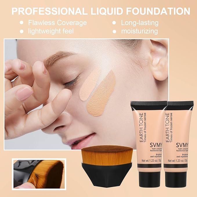 Foundation Liquid Full Coverage Matte Oil Control Concealer with Face Primer & Makeup Brush & Makeup Sponges-BrightBean Baby