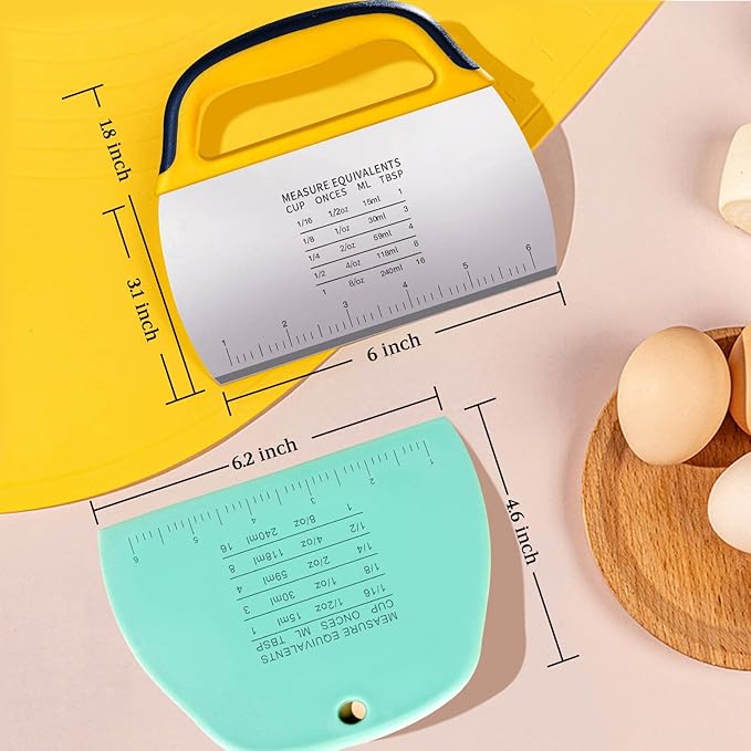 YGDZ Dough Scraper 2 PCS, Stainless Steel Bench Scraper With Grip, Plastic Dough Cutter with Measuring Scale, Multipurpose Pizza Cutter, Pastry Scraper, Bread Scraper for Baking, Dough, Cake