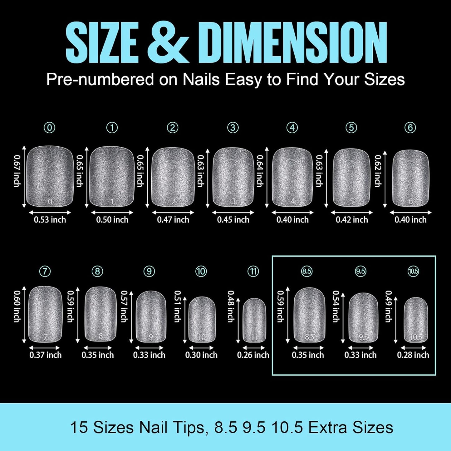 TOMICCA Extra Short Square Nail Tips, 15 Sizes Soft Double-sided Matte Fake Nails for Extensions, 450Pcs Acrylic Pre Shaped Gel Nail Tips for Home DIY Art Women Girls-BrightBean Baby