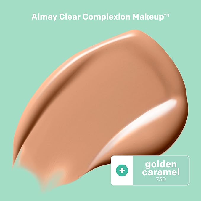 Almay Clear Complexion Acne Foundation Makeup with Salicylic Acid - Lightweight, Medium Coverage, Hypoallergenic, Fragrance-Free, for Sensitive Skin, 730 Golden Caramel, 1 fl oz.-BrightBean Baby