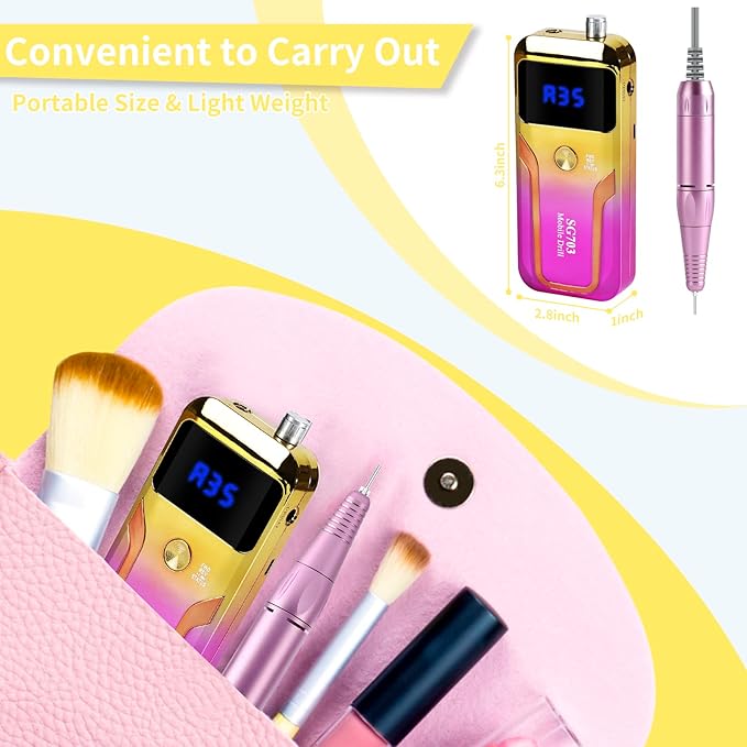 Portable Nail Drill Professional 35000 RPM, MOCOWIND Rechargeable Electric Nail File Machine for Acrylic Nails Gel Polishing, Cordless E-File with Bits Kit for Manicure Salon Home, Yellow & Purple-BrightBean Baby