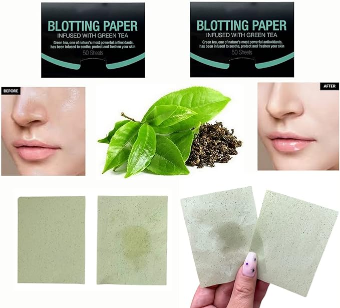 2 Pks GREEN TEA INFUSED Soothing Natural Abaca Blotting Paper - 100 Oil Blotting Sheets - Makeup Friendly UNISEX Oily Skin Shine Blotter Photography Zoom Meetings Travel Gym School - MADE IN TAIWAN-BrightBean Baby
