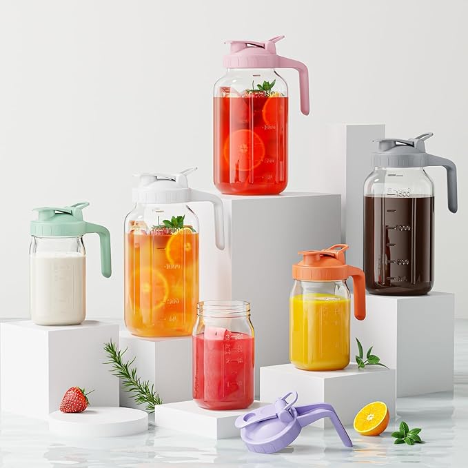 Glass Mason Jar Pitcher, 64 oz Wide Mouth Jug with Pour Spout Handle Lid for Cold Brew Coffee, Ice Beverage, Iced Juice, Lemonade, Sun Tea, Fruit Drinks Container（White）