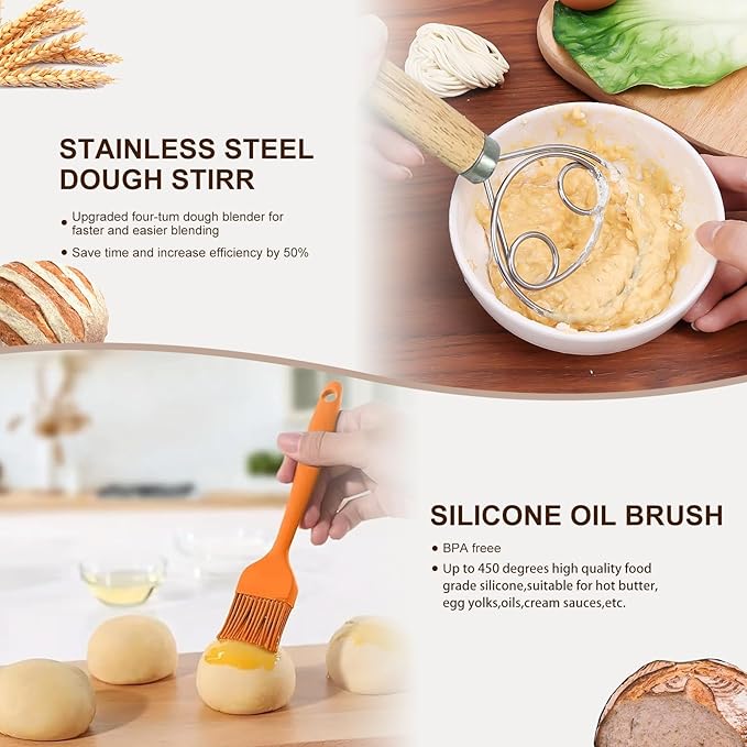 Sourdough Starter Kit, 26PCS Sourdough Bread Baking Supplies, Including a Sourdough Starter Jar (34OZ), Silicone Banneton Bread Proofing Basket Set of 2 (Yellow wood, Oversized glass mouth)