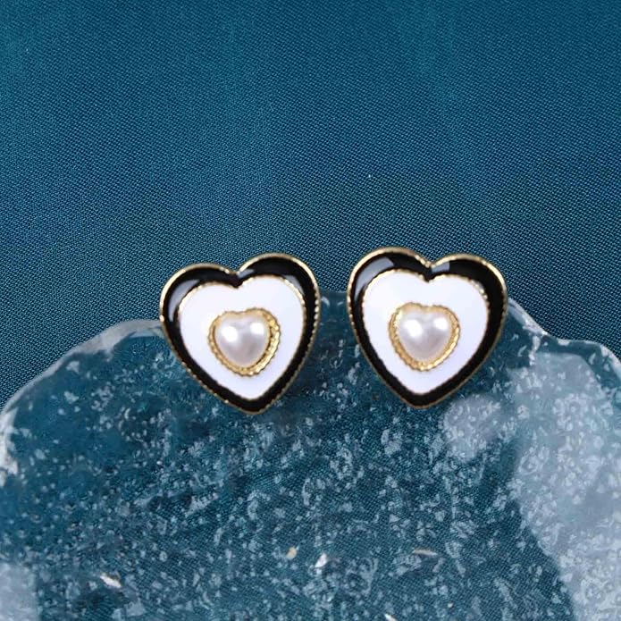 Vintage Pearl Heart Stud Earrings Enamel Heart Earrings Heart Love Earrings White Minimal Earrings Jewelry for Women-BrightBean Baby