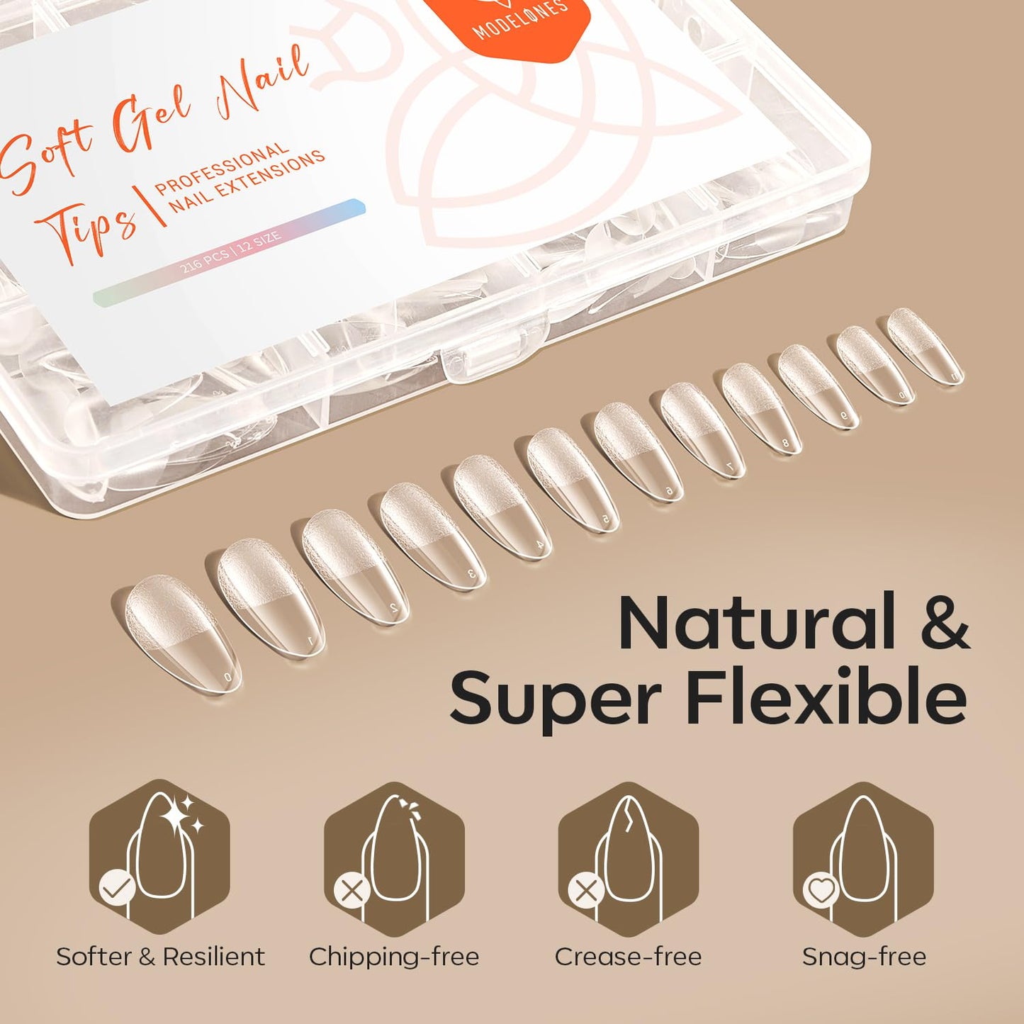 modelones Medium Almond Nail Tips, Pre-shaped Soft Gel Tips Fake Nails False Acrylic Clear Full Cover Press on Extension Kit Gel Manicure DIY at Home 216PCS 12Sizes-BrightBean Baby
