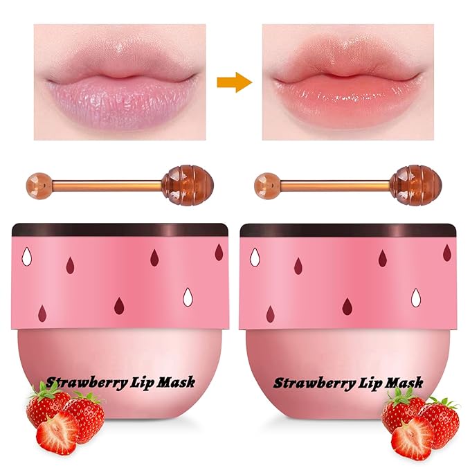 2PCS Lip Mask Overnight, Honey&Strawberry Moisturizing Repair Sleeping Lip Balm, Fade Lip Lines Bee Lip Balm, Hydrating &Prevention Dry and Crack Lip Scrubs Exfoliator (Strawberry & Strawberry)-BrightBean Baby