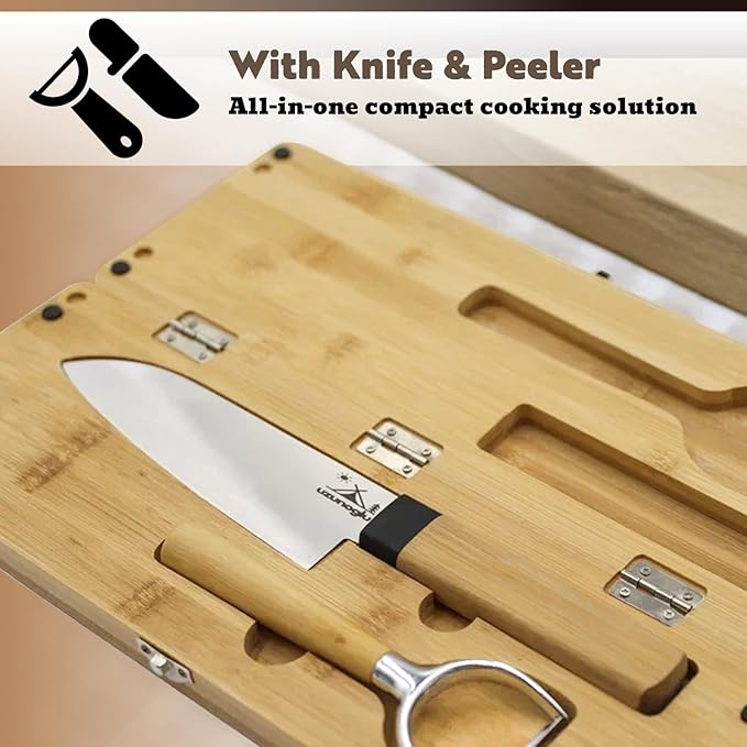 Foldable Bamboo Cutting Board Set - with Knife, Peeler, Bag & Built-in Sharpener – Portable Compact Chopping Board for Camping, Picnic, Travel & Kitchen – Non-Slip, Eco-Friendly, Multi-Purpose Design