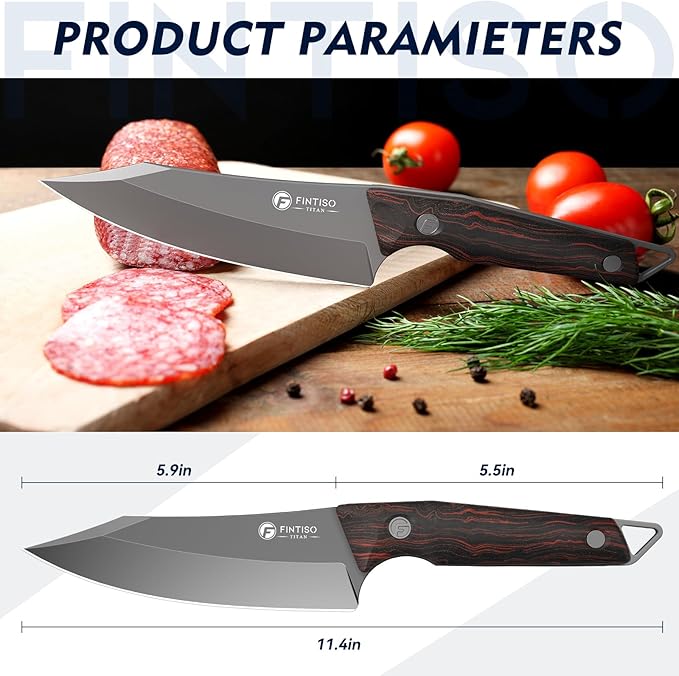 FINTISO 14C28N Steel Viking Knife, Japanese Butcher Knife with G10 Handle, Ultra Sharp Meat Cleaver Boning Knife for Meat Cutting, Outdoor Kitchen Chef Knife Best Gift (Red)