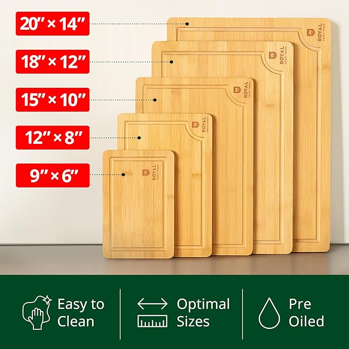 ROYAL CRAFT WOOD Wooden Cutting Boards for Kitchen Meal Prep & Serving - Bamboo Wood Serving Board Set with Deep Juice Groove Side Handles - Charcuterie & Chopping Butcher Block for Meat