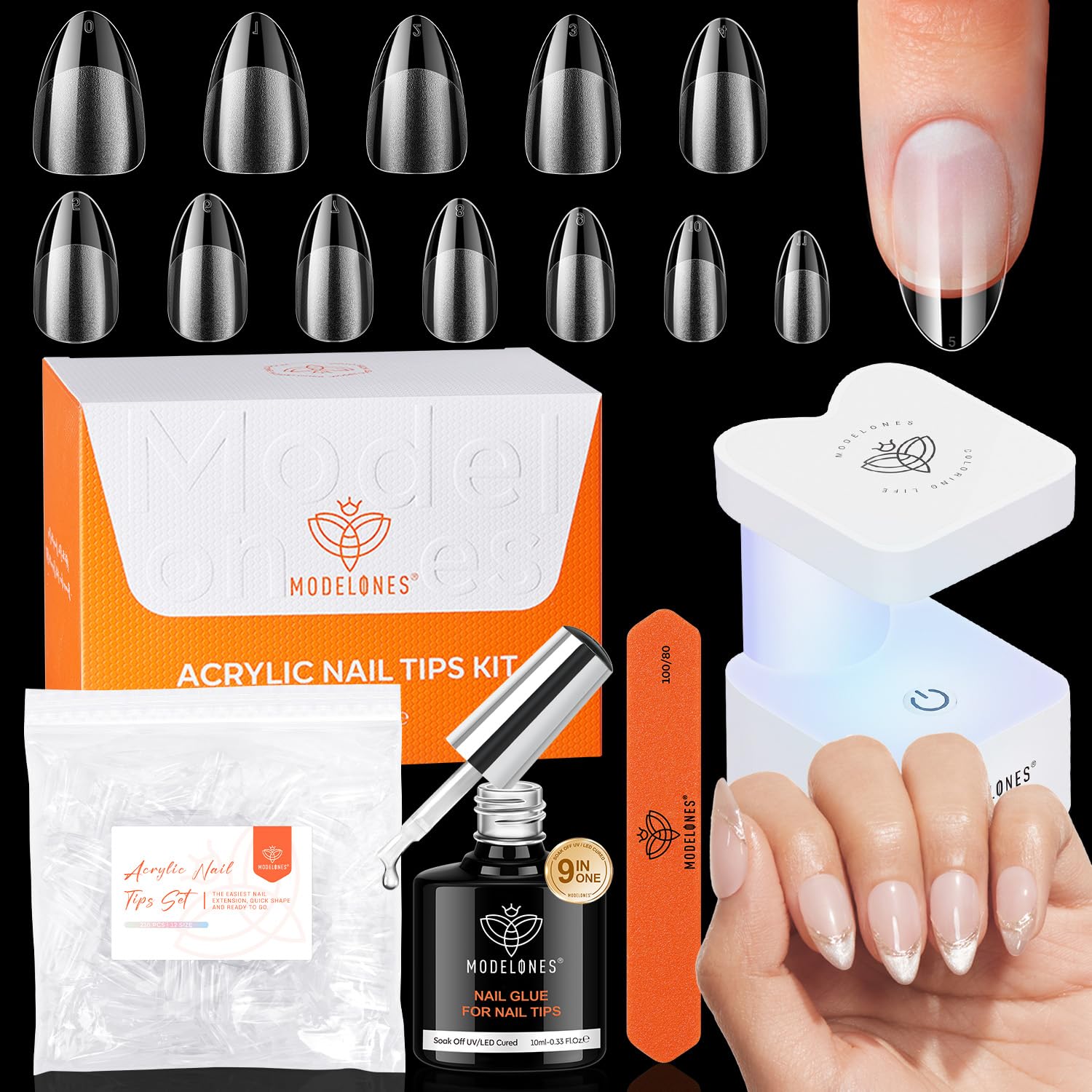modelones Short Almond Gel Nail Tips Kit, 9-in-One Nail Glue with Portable U V Lamp 216Pcs 12Sizes Pre-Etched Press ons Fake Acrylic Extension Kit DIY Salon Gift for Women-BrightBean Baby