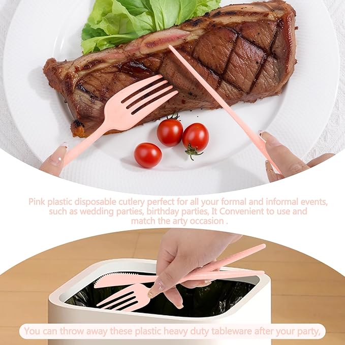 LIYH 150 Pcs Pink Plastic Cutlery Sets - Pink Plastic Silverware Heavyduty, Disposable Utensil Sets, 50 of Each Forks, Knives & Spoons Flatware Set for Party Birthday