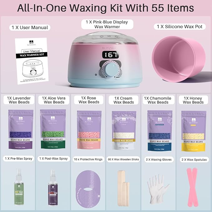 BLITZWAX Brazilian and Bikini Waxing Kit for Women, Hard Wax Warmer for Face, Legs and Body, At Home Hair Removal Kit, Beginner Friendly, Quick Heating, Pink and Blue Gradient Color-BrightBean Baby