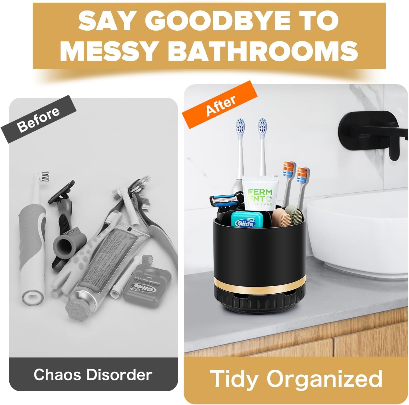 Bathroom Organizer Countertop - Rotating Black Toothbrush Holder for Bathroom Accessories Organization Detachable 6 Slots Bathroom Sink Storage Caddy Vanity Organizer-BrightBean Baby