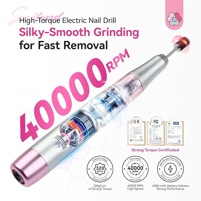 SAVILAND Essentials Electric Nail Drill: 40000RPM High-Torque Nail File Quick Removal for Acrylic Nails Easy Operation Portable Nail Drill for Beginner Home DIY Nail Art Manicure Pedicure-BrightBean Baby