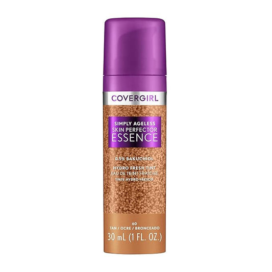 Covergirl Simply Ageless Skin Perfector Essence Foundation, 60 Tan, Tinted Skin Perfector, Skincare Makeup Hybrid, Sheer Tint, Radiant Finish, Skin-Like Finish, Vegan Formula, 1.0oz-BrightBean Baby