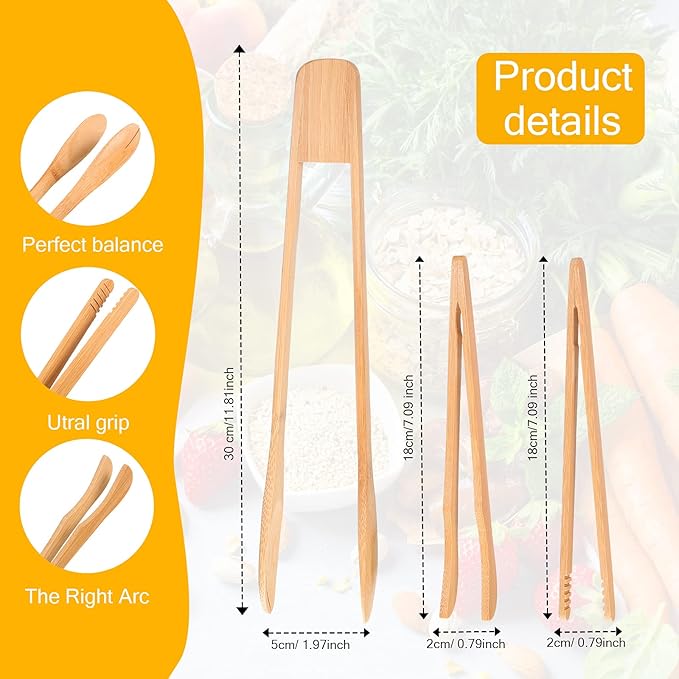 Zopeal 6 Pcs Christmas Kitchen Gift Set Bamboo Utensils for Cooking Wooden Toaster Tongs Long Cooking Salad Tongs for Picking up Cheese Bacon Toast Cake Fruits Bread Spaghetti for Kitchen Women Men