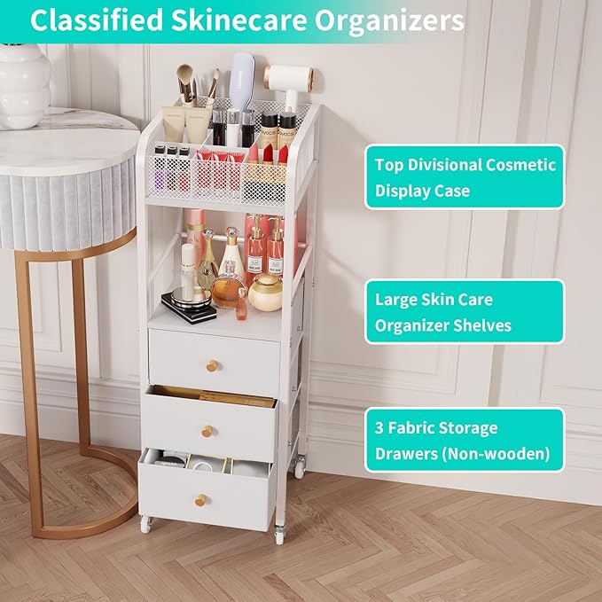 HapiRm Rolling Makeup Cart Organizer - Floor Skincare Make Up Storage with 3 Drawers, Vanity Organizer Cosmetic Display Cases Holder for Skin Care Perfume Nail Polish Brush Hair Tool, White-BrightBean Baby