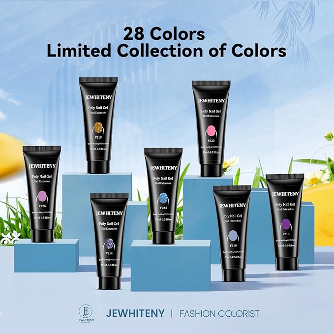 JEWHITENY 28 Colors Poly Nail Gel Set - 15ml Nude Pink Brown Black Grey Blue Yellow Tones for French Manicure DIY Nail Art Salon & Home Use Holiday Gift-BrightBean Baby