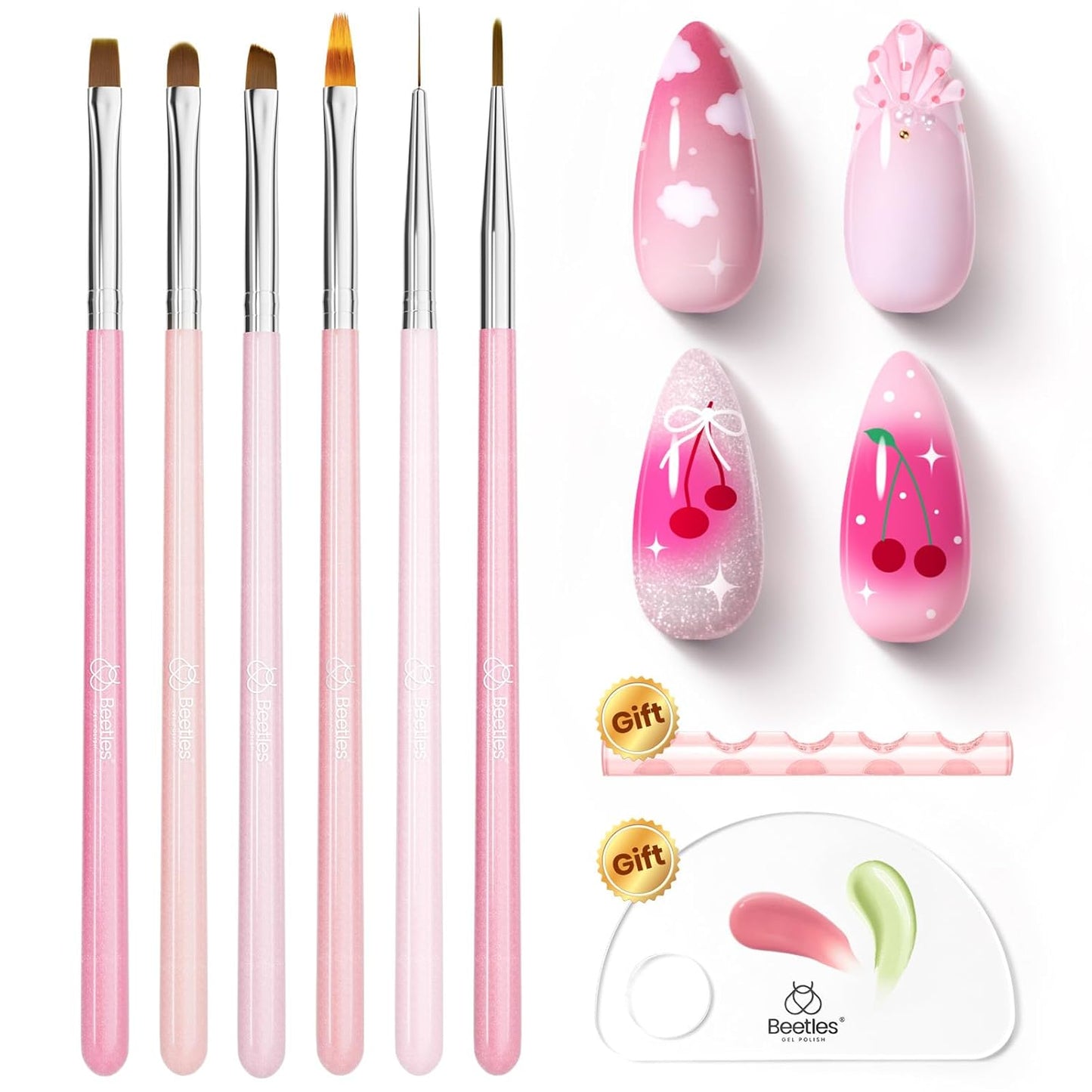 Beetles Nail Art Brushes, 6 Pcs Fingernail Art Design Pens, Pink Handle French Tip Ombre Clean Up Nail Brush Set for Gel Polish with Palette DIY Manicure Tools Gift for Women-BrightBean Baby