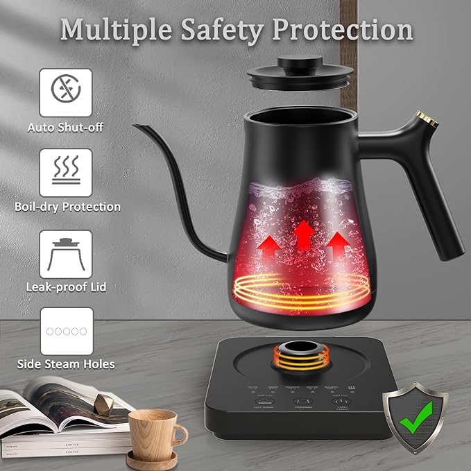 Gooseneck Electric Kettle,Ulcreigo Tea Kettle for Boiling Water, Temperature Control with 5 Variable Presets,Hot Water Boiler Heater for Pour Over Coffee, Keep Warm 2 Hours,304 Stainless Steel(Black)