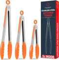 Kitchen Tongs for Cooking with Silicone Tips, Heat Resistant Tongs for Serving Food, 7-Inch, 9-Inch, 12-Inch Locking Silicone Tong, Set of 3 Salad Tong, Orange Kitchen Utensils