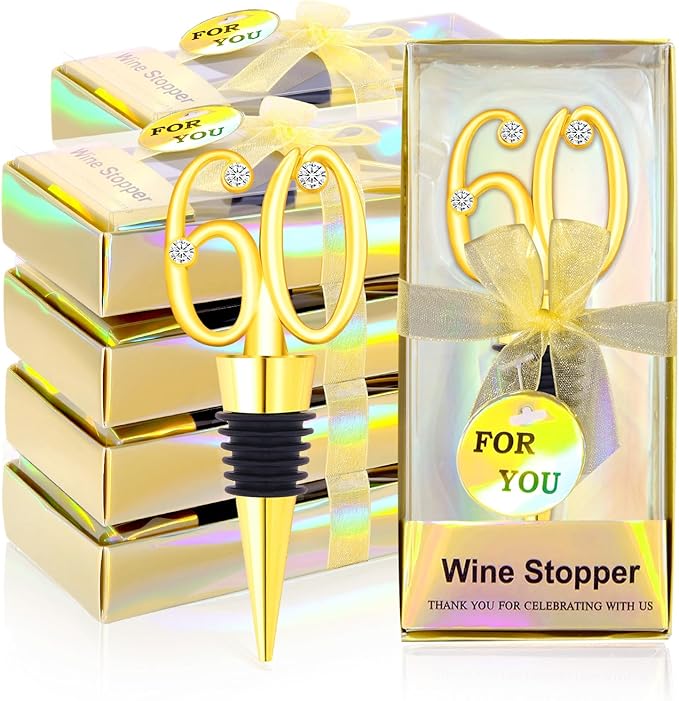 30Pcs 60th Birthday Wine Stopper Party Favors Gold Wedding Favor Wine Bottle Anniversary Wine Stopper Souvenirs for Guests Wine Bottles Stopper Decorative for Wedding Anniversary Parties(60th)