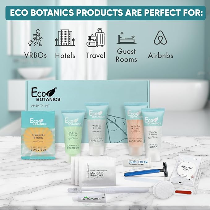 Eco Botanics Amenity & Accessory Kit | 0.85 oz Travel Size Shampoo, Conditioner, Lotion, Body Wash, Body Bar, Cleansing Bar, Shave & Dental Sets, Make-Up Remover Wipes, & Vanity Kit | 1 set per case-BrightBean Baby