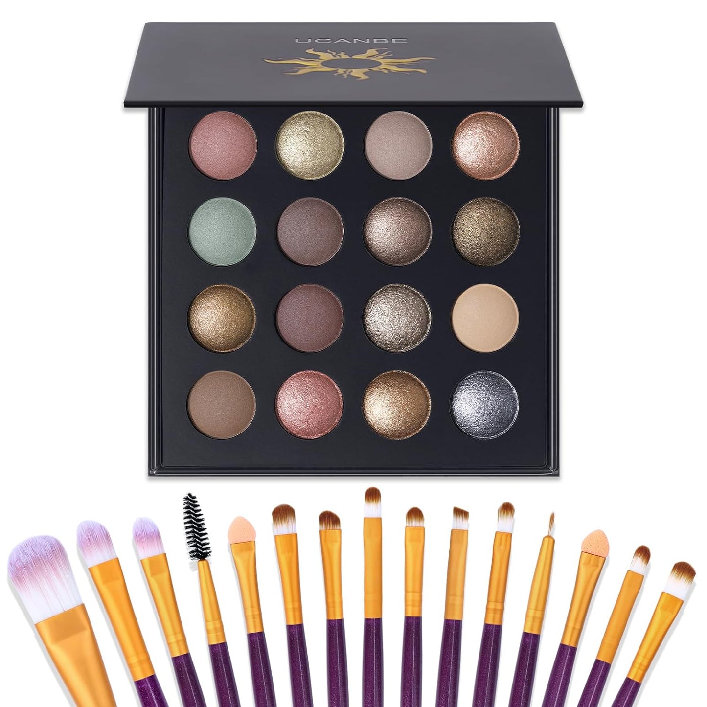 UCANBE 16 Color Baked Eyeshadow Palette with 15PCS Brushes Makeup Set,Matte&Shimmer Blend Eyeshadow for Women&Girls,Highly Pigmented Long Lasting Waterproof Make Up Pallet-BrightBean Baby