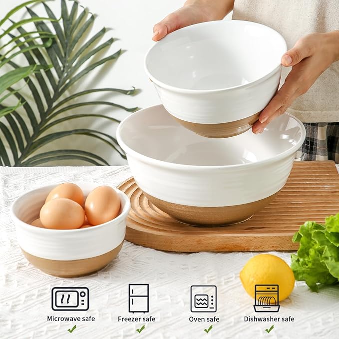 Ceramic Bowls Set, Large Mixing Bowls Set of 3 for Cooking, Baking, Prepping, Nesting, Stoneware Serving Bread Bowls for Kitchen, 2.1/1.0/0.5 Qt, Oven, Dishwasher, Microwave Safe, White