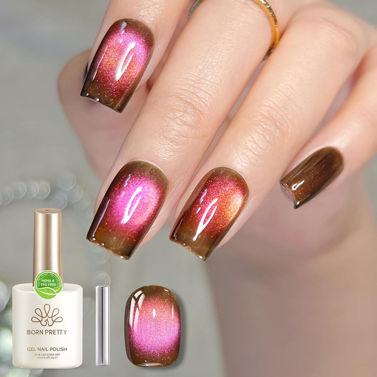 Born Pretty 15ML Cat Magnetic Eye Gel Polish, Pink Brown Gel Nail Polish Fall Winter Cat Holographic Magnetic Nail Polish Nail Art Manicure Salon DIY at Home-BrightBean Baby