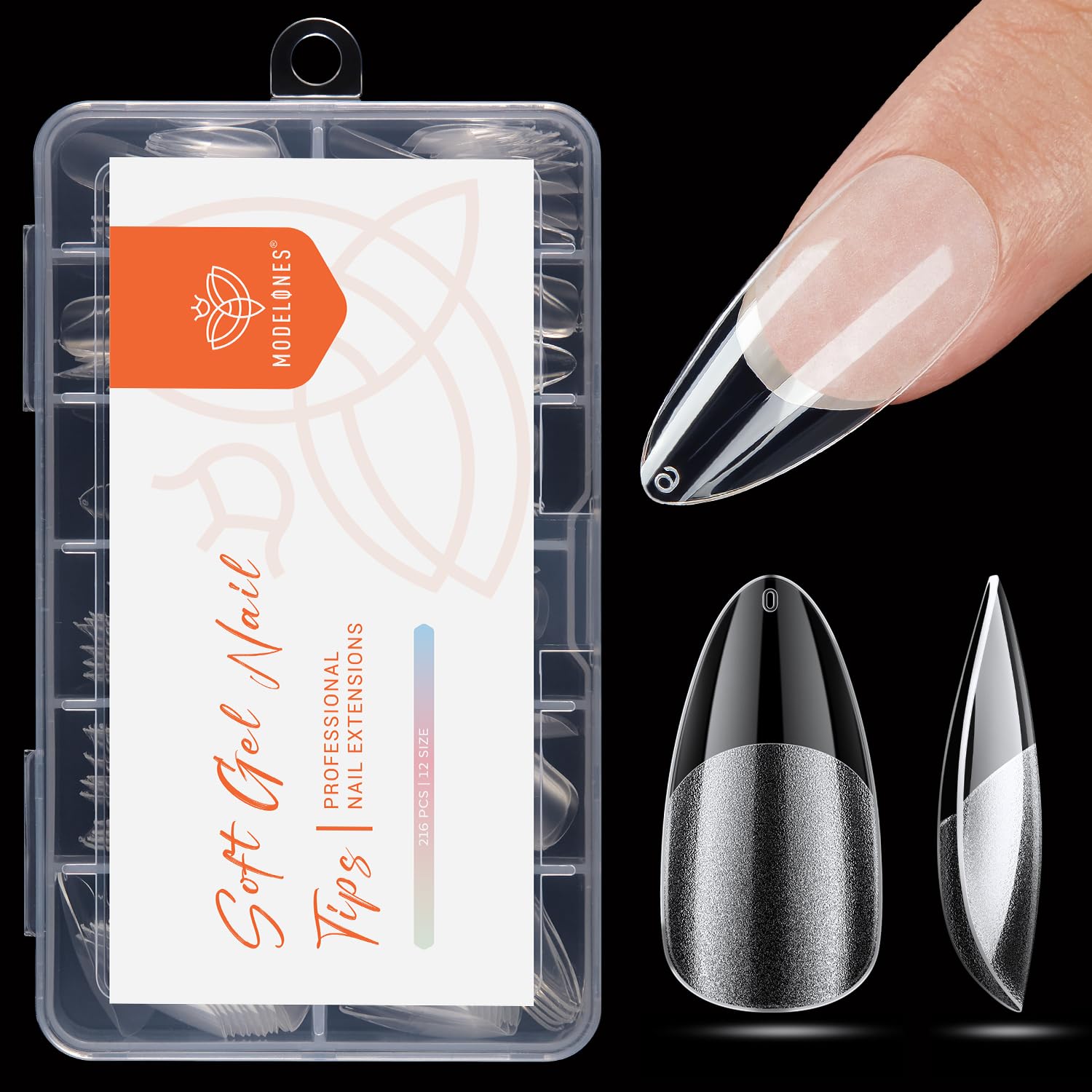 modelones Pointed Almond Nail Tips, Medium Pre-shaped Soft Gel Tips Fake Nails False Acrylic Clear Full Cover Press on Extension Gel Kit Manicure DIY at Home 216PCS 12Sizes-BrightBean Baby