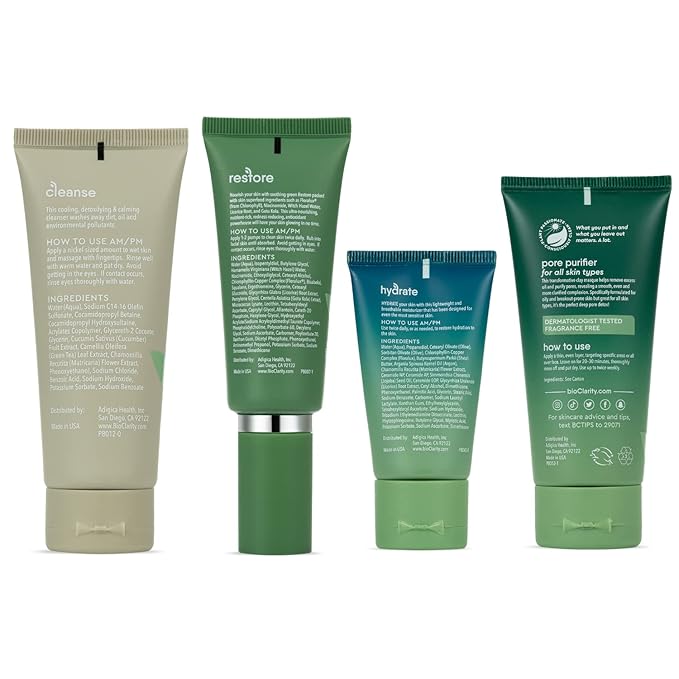 BioClarity 3-Step Essentials Skin Routine + Clarifying Mask for Normal & Oily Skin Types | Cleanse, Restore and Moisturize | Gentle Clean and Hydrate Face |100% Clean, Vegan Ingredients (Mini Size)-BrightBean Baby