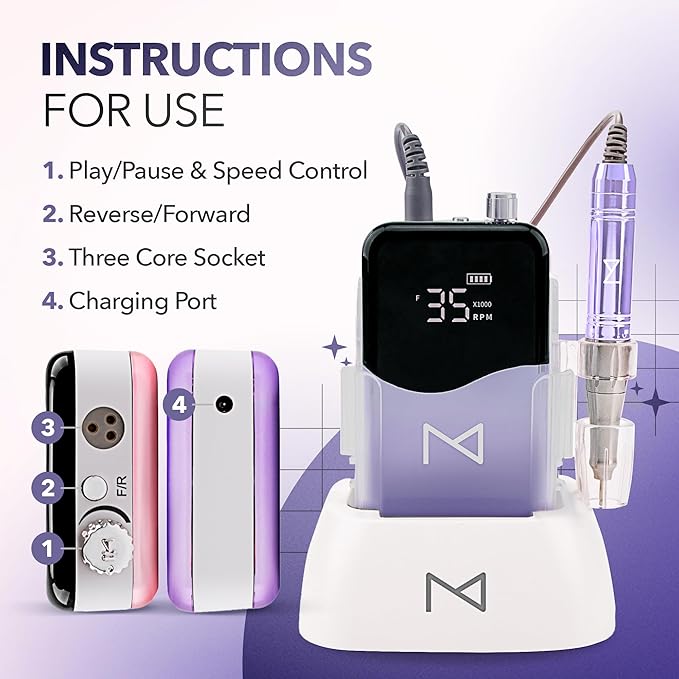 M Mase- Professional Nail Drill Machine - Coreless 2-in-1 Nail File - Electric, Cordless, 35000 RPM, HD Display - Electric Nail Drill for Professional & Home Use (Violet)-BrightBean Baby