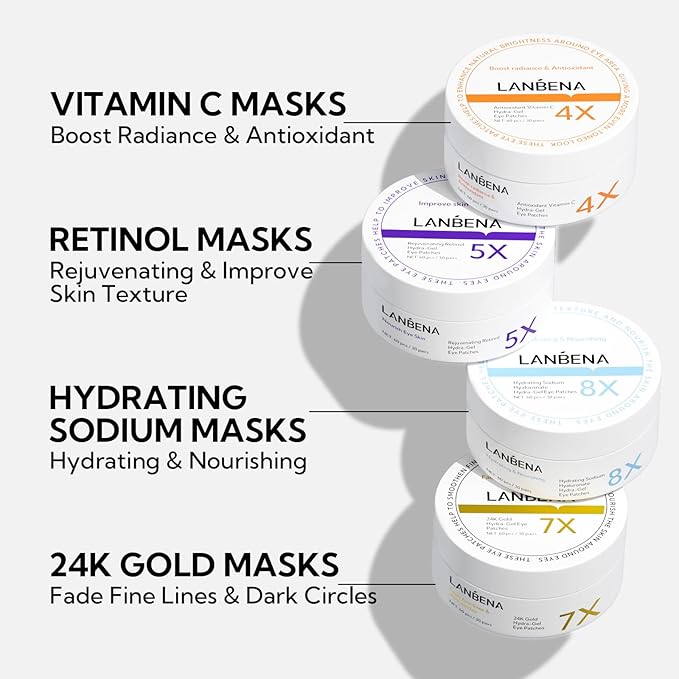 LANBENA 24K Gold Under Eye Patches(30 Pairs) -Cooling Eye Masks for Fine Lines Reduce, with Caffeine Niacinamide Tetrapeptide Hydra-Gel Collagen, Puffy Eyes & Dark Circles & Eye Bags Treatment-BrightBean Baby