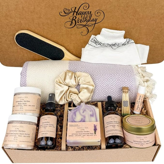 Birthday Gift Baskets for Women, Handmade Lavender Gift Box, Natural Relaxing Spa Self Care Package for Woman 13 Pc, Spa Gifts for Women, Gift Basket for Her, Birthday Box (Lavender Garden)-BrightBean Baby