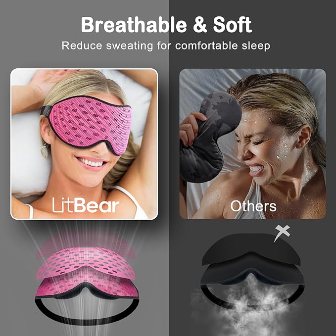 LitBear Breathable Sleep Mask, 3D Eye Mak Sleep for Side Sleepers Women Men, Light Blocking Sleeping Mask with Adjustable Strap, Soft Lightweight Eye Cover for Travel, Night Work, Nap, Office - Pink-BrightBean Baby