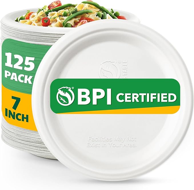 100% Compostable Paper Plates, 7 Inch, 125 Count, Heavy Duty Disposable Plates by Biodegradable Bagasse, Dessert Plates Bulk for Party | Microwave-Safe | Soak-Resistant, Cut Resistant