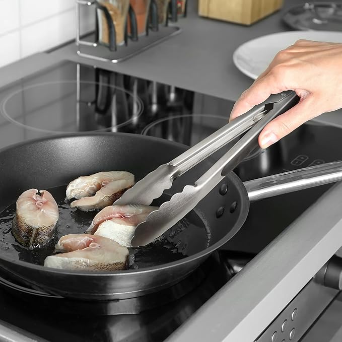 304 Stainless Steel Kitchen Cooking Tongs, 9" and 12" Set of 4 Sturdy Grilling Barbeque Brushed Locking Food Tongs with Ergonomic Grip, Black