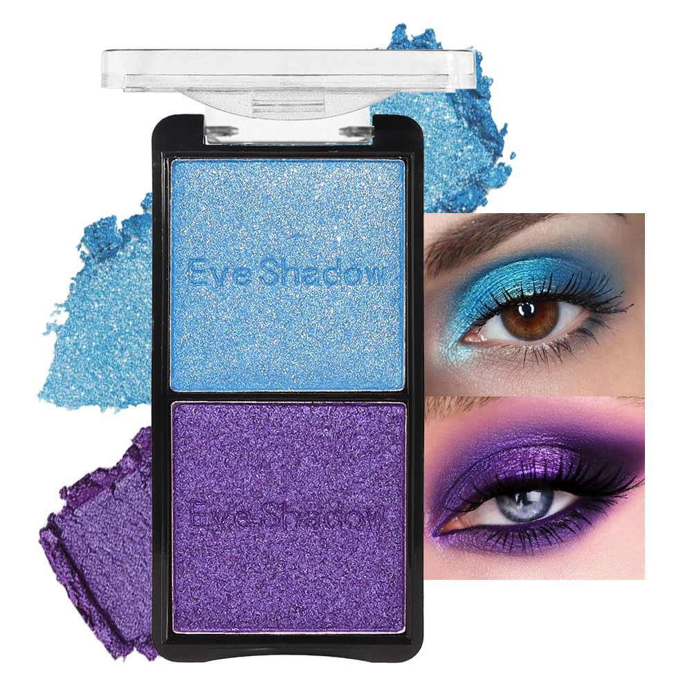 2 colors eye shadow makeup palette, Blue & Purple Eyeshadows Halloween Birthday Party Wear, high pigment eye, matte & shimmer metal eye shadow powder, Blendable, Ultra-Pigmented, Easy to Apply(02)-BrightBean Baby
