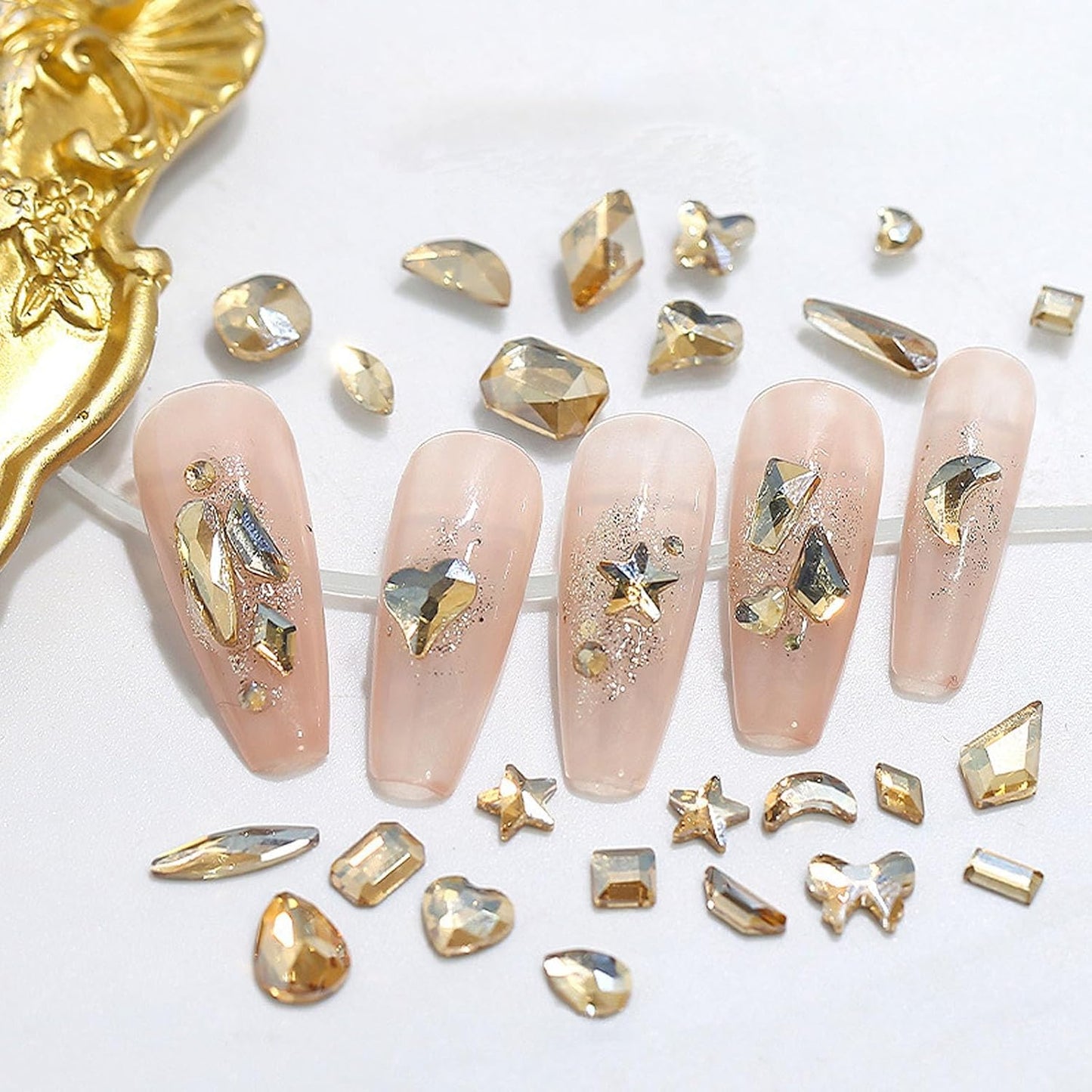 Nail Rhinestones Kit, 18 Types of 900 Special-Shaped Nail Diamonds + 3200 Flat-Bottomed Rhinestones, Champagne Crystals DIY Crafts Gold Gemstones for Nail Art Design-BrightBean Baby