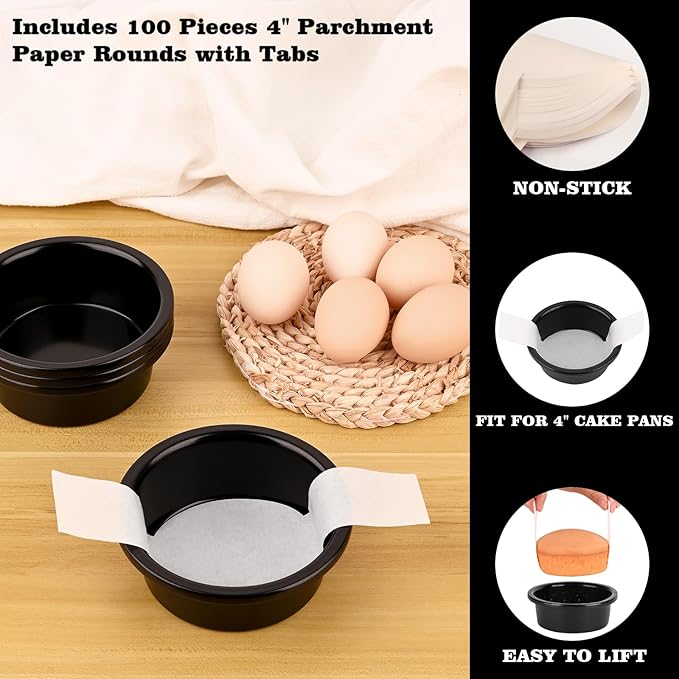 HUAKENER 4 Inch Cake Pan - Set of 3 Round Cake Pans with 100 Pieces Parchment Paper, Non-stick Cake Baking Pans, Dishwasher Safe