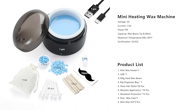 Nose Wax Kit - Travel Wax Warmer for Hair Removal with 100g Waxs, 15 Applicators, 30 Nose Hair Sticks 2 Silicone Pots, 1 Bag Constant Temperature, 15-20 Times Black - Round | Black | Mini-BrightBean Baby