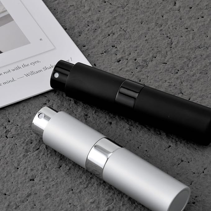 2 PCS/8ml Portable Mini Perfume Atomizer bottles, Empty Refillable Spray Bottle with 3 Types of Refill Tools, Pocket Travel Perfume Sample Bottles(Matte Black&Silver)-BrightBean Baby