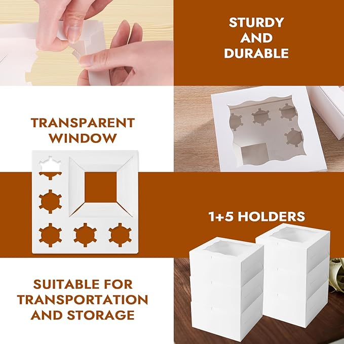 10 pcs Cake Cupcake Combo Boxes with Clear Window and Cupcake Insert Fit 5 Cupcakes and 1 Mini Cake for Partry. (White, 1+5(10Pack))