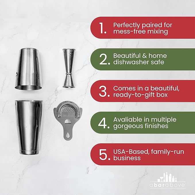 A Bar Above 4-Piece Cocktail Shaker Set for Professional & Home Bar – Premium Bar Kit Gifts Includes Strainer, Japanese Jigger & Boston Shaker Set