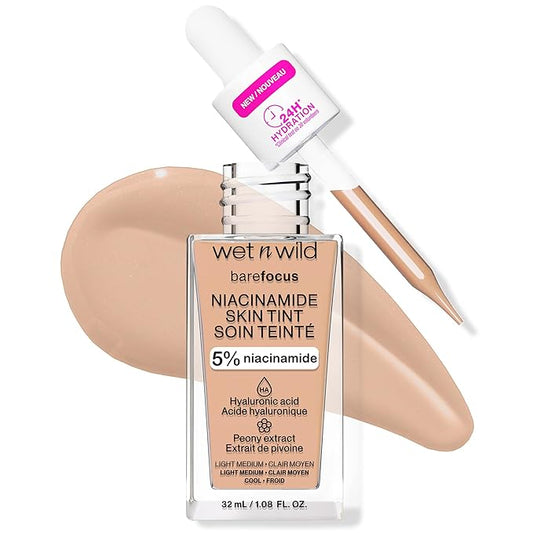 wet n wild Bare Focus Skin Tint,5% Niacinamide Enriched, Buildable Sheer Lightweight Coverage,Natural Radiant Finish,Hyaluronic & Vitamin Hydration Boost,Cruelty-Free & Vegan-Light Medium Sand-BrightBean Baby